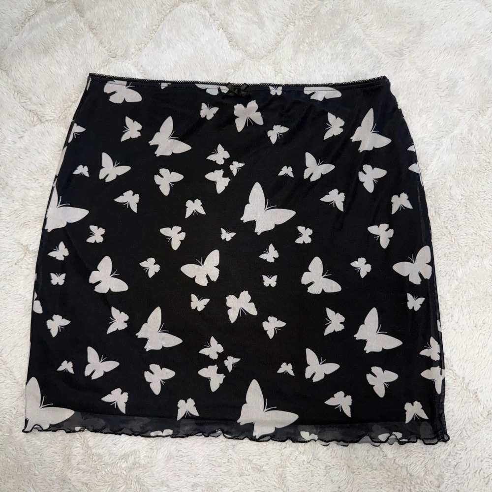 Butterfly Mesh Mini Skirt Black White Y2K Fairycore Lettuce Hem L Wild Fable Bow